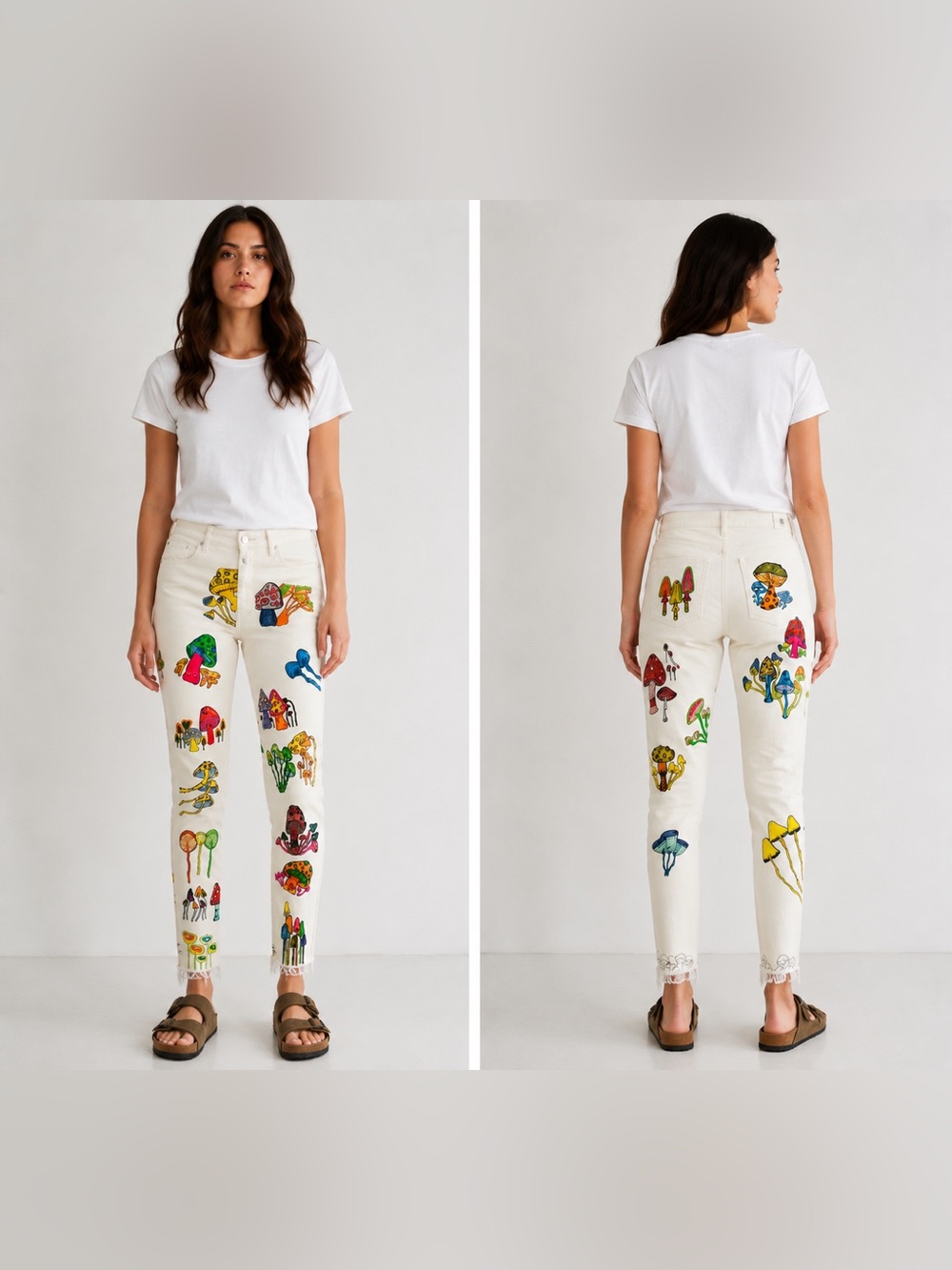 Hand painted White high-waisted mushroom print skinny jeans